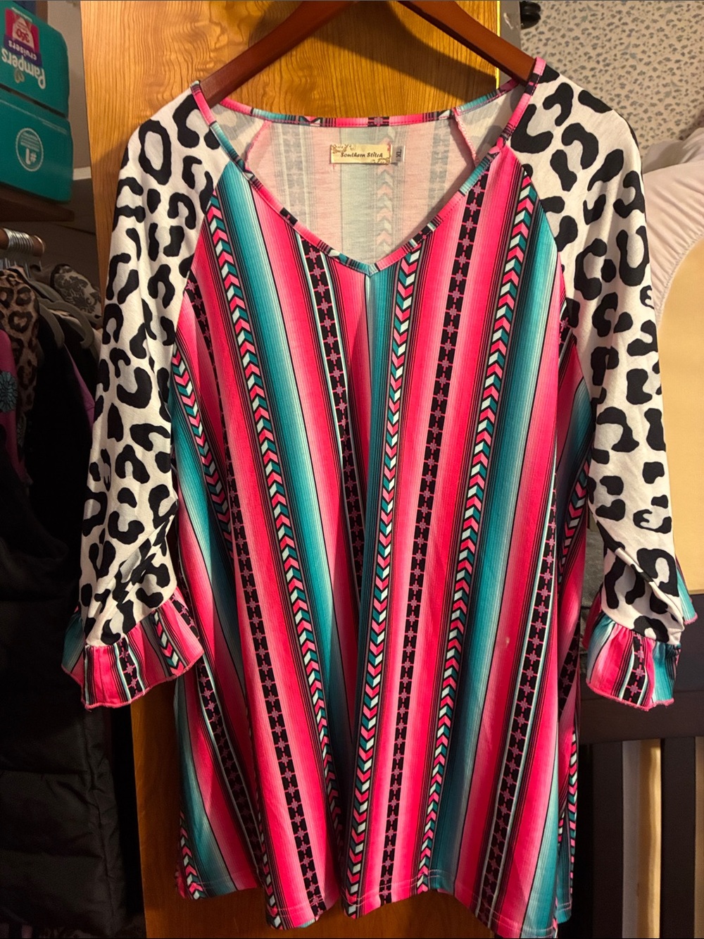 Women’s V-Neck Striped & Animal Print Blouse in Pink and Teal